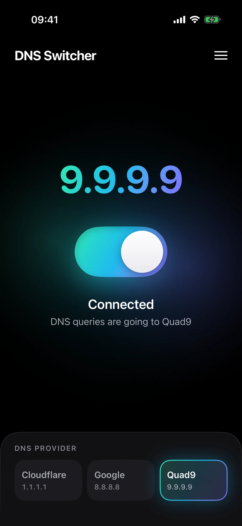 DNS Switcher connected to a custom DNS server at 9.9.9.9, shown as a third provider card.