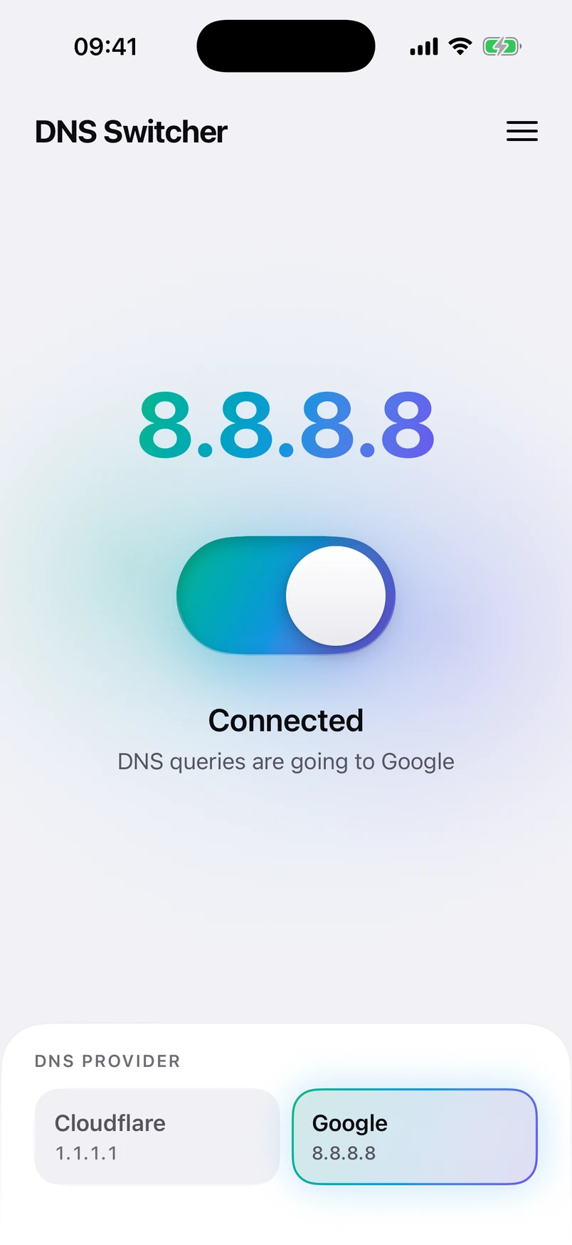 DNS Switcher in the light appearance, connected to Google at 8.8.8.8.