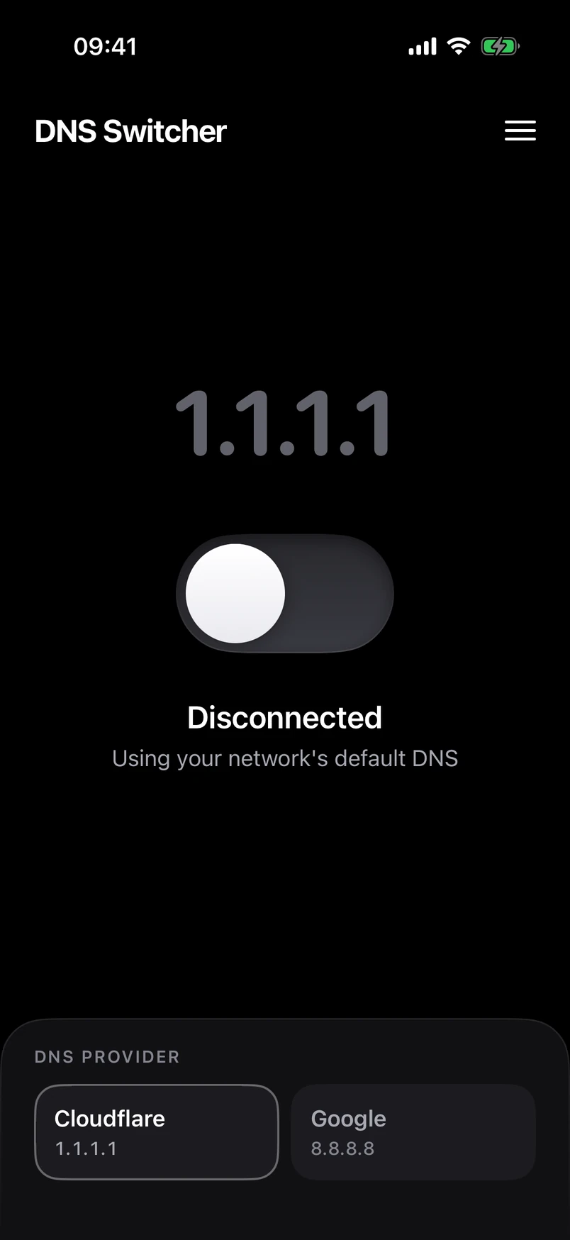 DNS Switcher switched off: the status reads “Disconnected, using your network’s default DNS”.