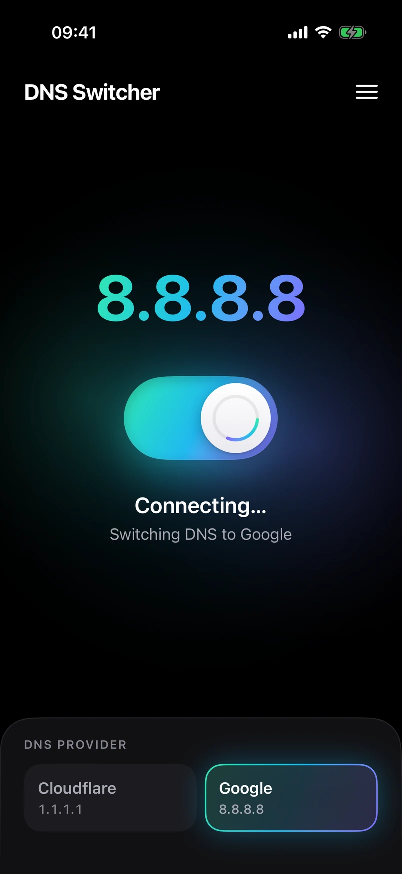 DNS Switcher changing provider while switched on: the status reads “Connecting, switching DNS to Google”.