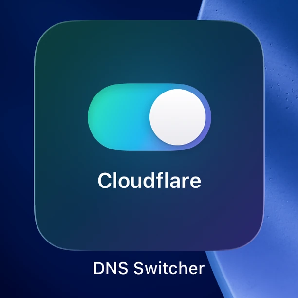 The DNS Switcher widget on an iPhone home screen, switched on, labelled Cloudflare.